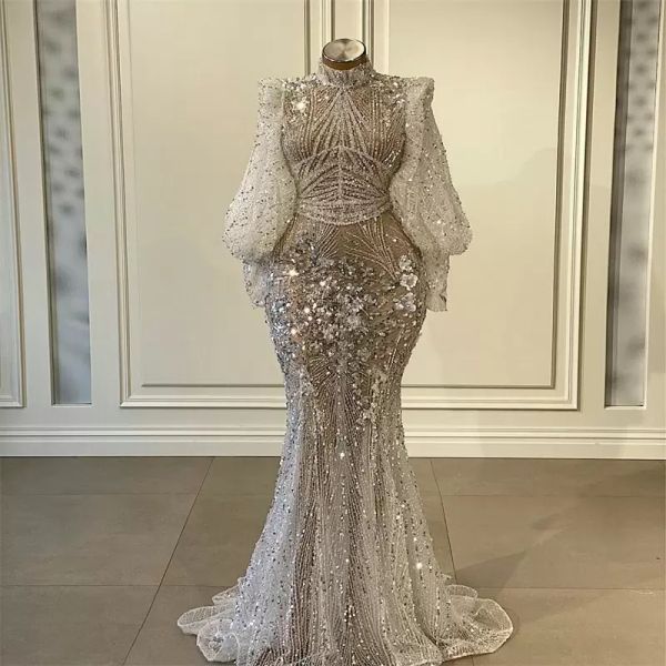 Lüks Yüksek Boyun Balo Elbise Beyaz Kristal Sequins Boncuk Abiye Uzun Kollu Chic Glitter Parti Elbise Custom Made Robe de Soiree CG001