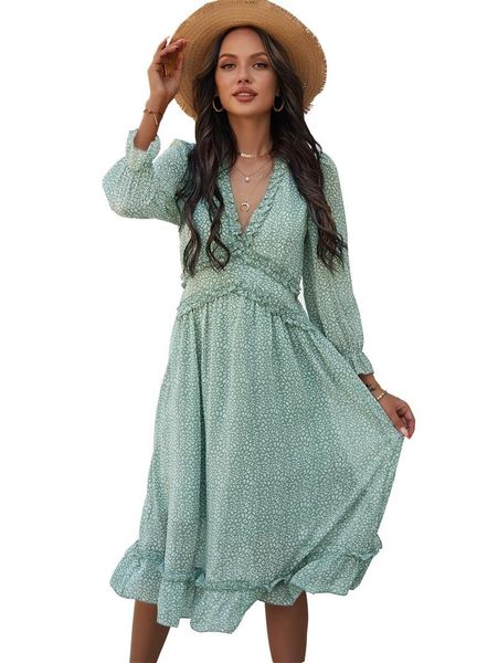 

women chiffon long dress floral print lantern sleeve a-line maxi vestidos autumn new elegant vintage v neck winter dresses 030405 top, Black;gray