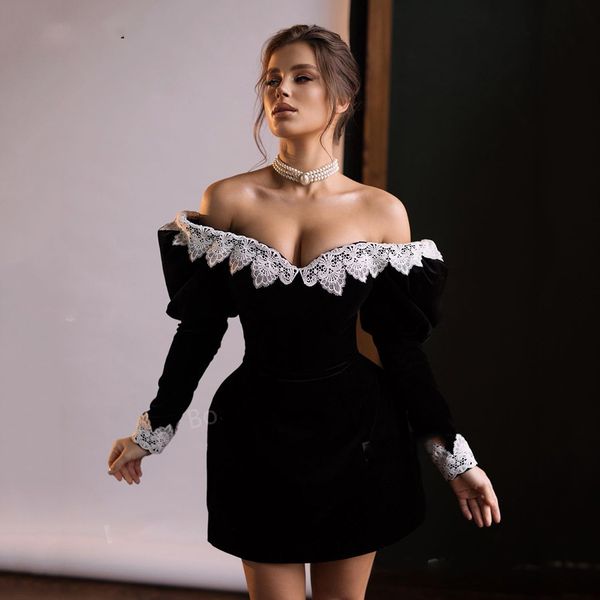 

black off shoulder velvet short prom dresses long sleeves lace mini cocktail evening open back above knee formal gowns
