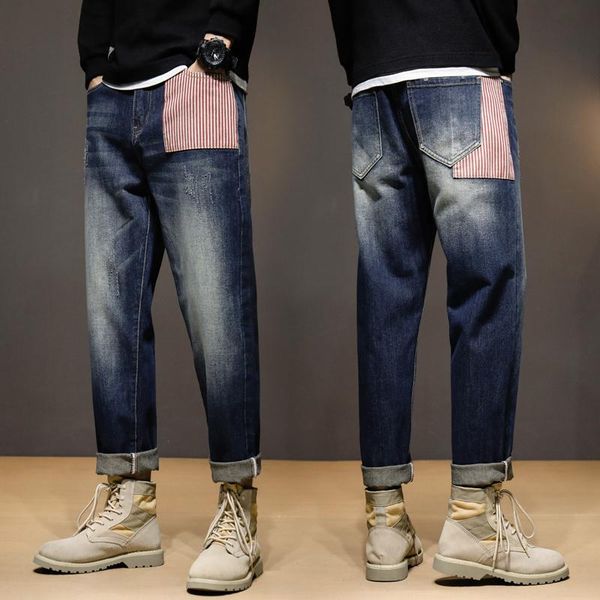 

men's jeans loose fit men baggy pants striped patchwork streetwear hip hop wide leg male denim trousers boys fashion pockets designer, Blue