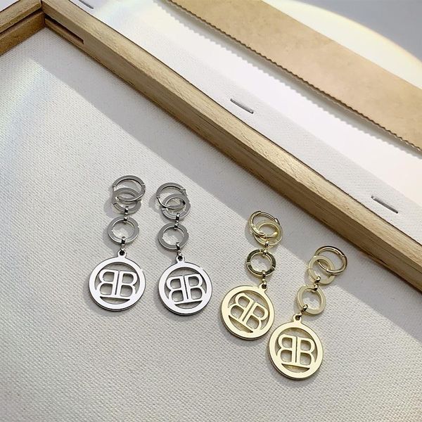 

stud english letter b shape earrings for women european and american vintage metal gold ring long pendant mental earring niche design, Golden;silver
