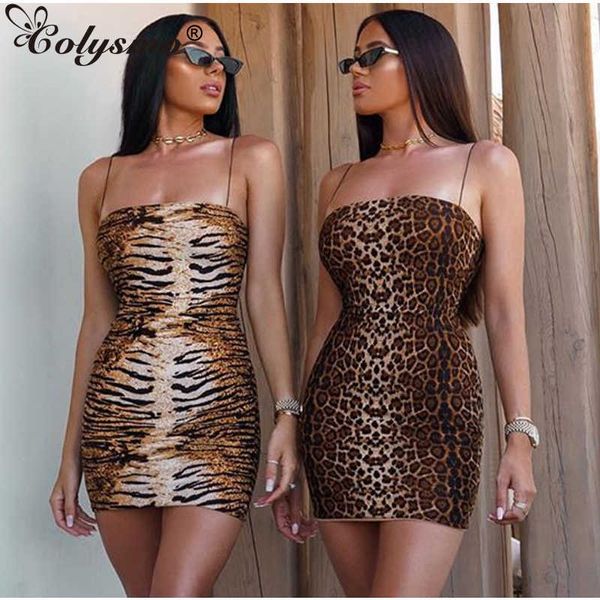 Colysmo Leopard Print Festa Dress Verão Mulheres Spaghetti Straps Slim Fit Sexy Animal Bodycon Mini 210527