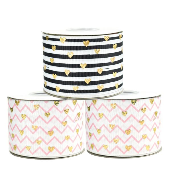 

50yards 75mm hologram gold foil hearts ribbons valentine heart stripes grosgrain ribbon for diy accessories welcome custom printed, Pink;blue
