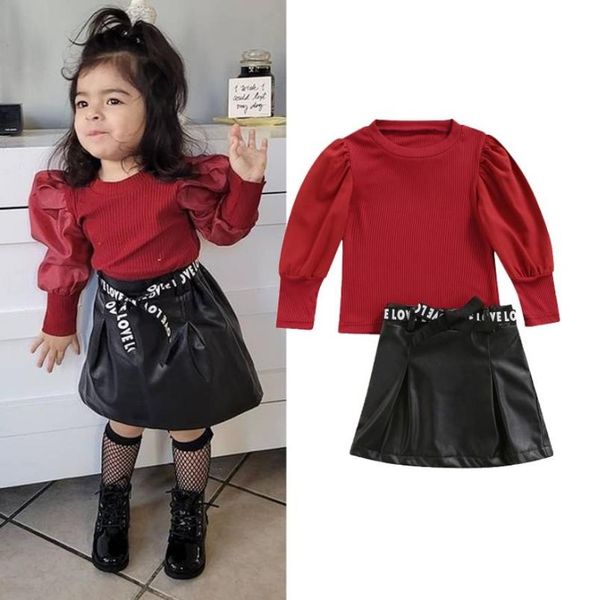 

clothing sets fashion children's fall spring kids girls solid long puff sleeve knitted pu leather skirts outfits sets1-5y, White