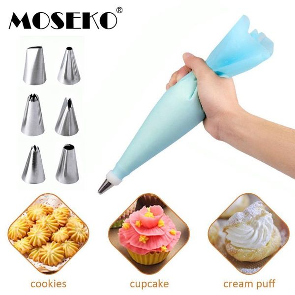 

baking & pastry tools moseko 1set silicone kitchen accessories icing piping cream bag+6 stainless steel nozzle set diy cake decorating tips