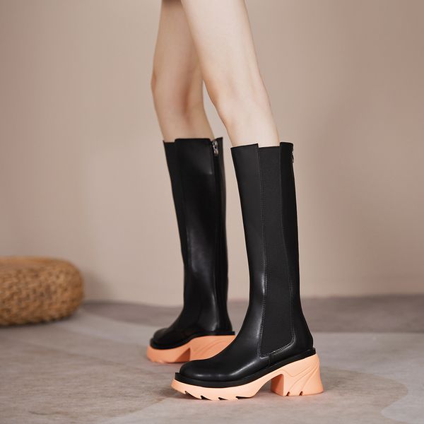 

patent leather over the knee high heel boots 2022 autumn new platform round head fashtion splicing elasticity women ankle boots, Black