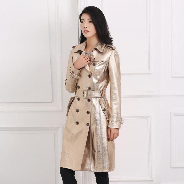 

chic women winter genuine leather doubl-breasted trench coat sheepskin leather overcoat c4001, Tan;black