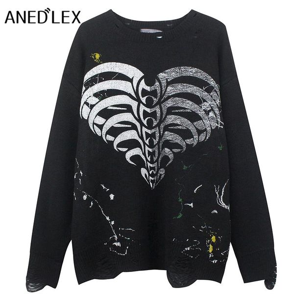 

men's sweaters men hip hop knitted sweater streetwear retro skull heart print harajuku pullover autumn cotton casual black, White;black