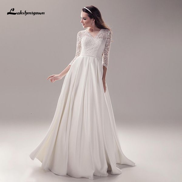 

new white stain a line vestido de novia 2021 boho bride wedding 3/4 sleeves lace bridal gown k7s5