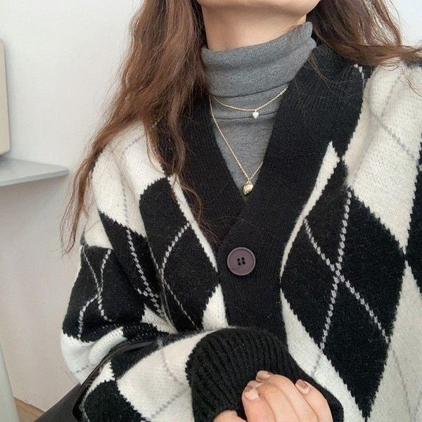 

women's knits & tees diamond lattice mid-length sweater coat 2021 early spring v-neck laid-back preppy style loose cardigan jum, White