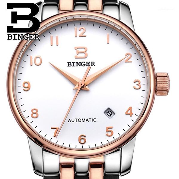 

switzerland watches men 18k gold wristwatches binger business mechanical full stainless steel b5005a-8, Slivery;brown