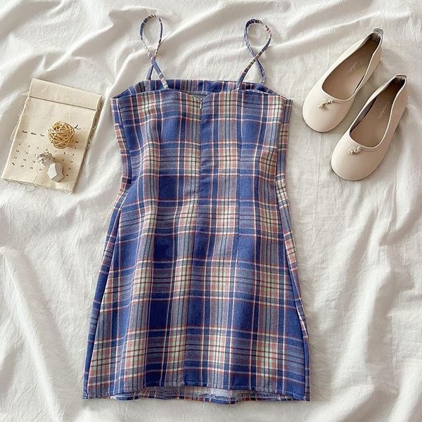 

casual dresses sleeveless dress women mini all-match plaid vintage spaghetti strap n fashion summer streetwear harajuku, Black;gray