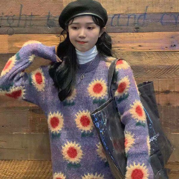 

2021 new autumn loose retro french sweet girl purple suower round neck pullover knit sweater cute fashion 535i, White;black