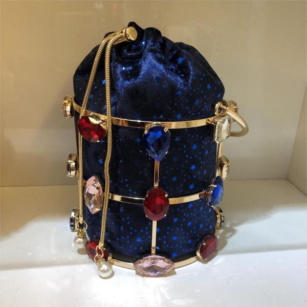 

evening bags colorful diamond bucekt bag basket clutch women hollow out beaded alloy metallic cage handbag purse ladies dinner