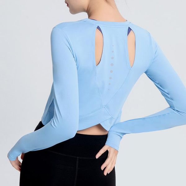 

yoga outfit 2021 autumn backless hollow sports long-sleeve t shirts women stretch refleative running clothing quick-drying crop