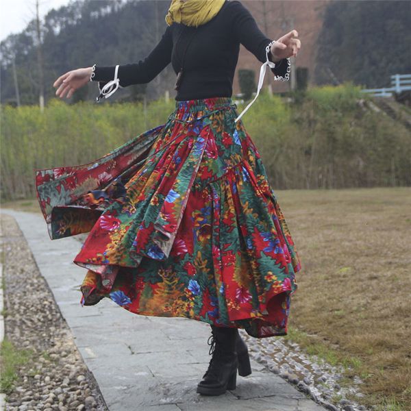 

spring ethnic style trend flower print long cotton linen skirt women elastic waist autumn irregular maxi skirt flada mujer f2663 cx200703, Black