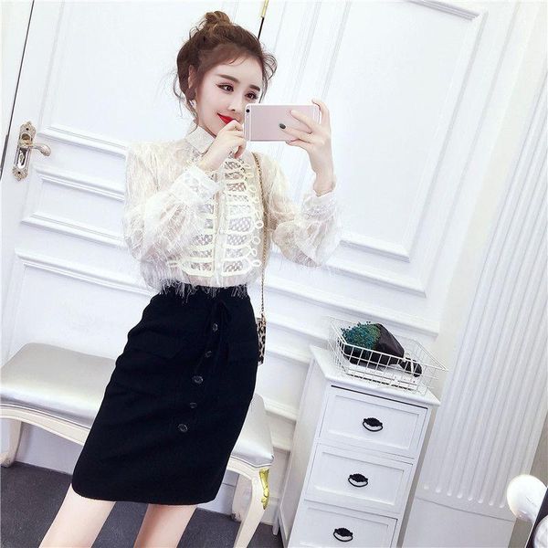 

skirts women autumn knit sweet vintage korean style high waist wild solid color bag hip, Black