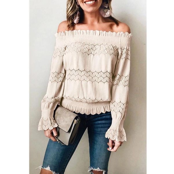 

women's blouses & shirts fashion off shoulder long sleeve hollow out blouse casual office lady loose blusas mujer de moda 2021, White