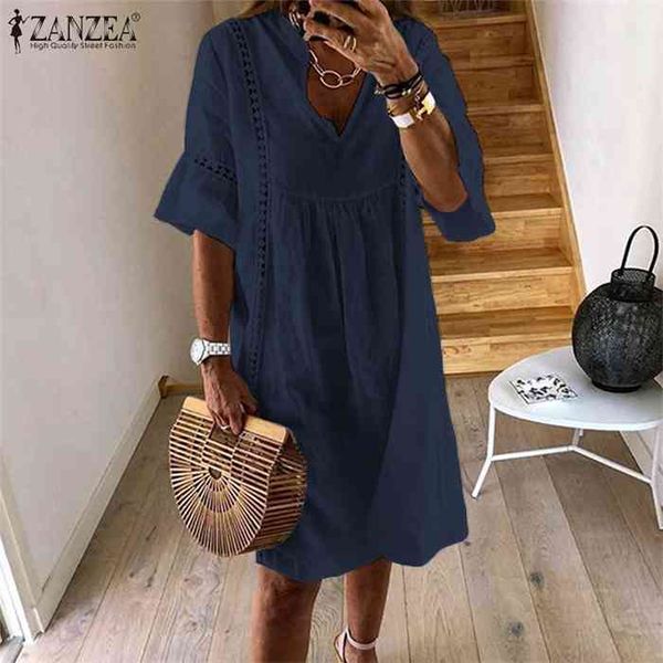 

zanzea 2021 summer lace dress womens sundress fashion flare sleeve short vestido female bohemian v neck party shirt robe femme, Black;gray