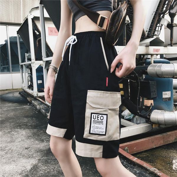 

women's shorts harajuku bf style women summer with pockets letter high waist elastic female's streetwear #dk08, White;black