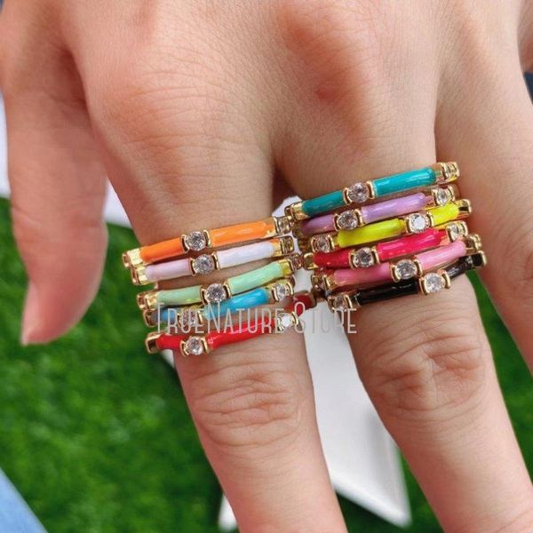 

cluster rings 5pcs rm39018 ladies cubic zirconia women's jewelry copper for her enamel geometric colors ring, Golden;silver
