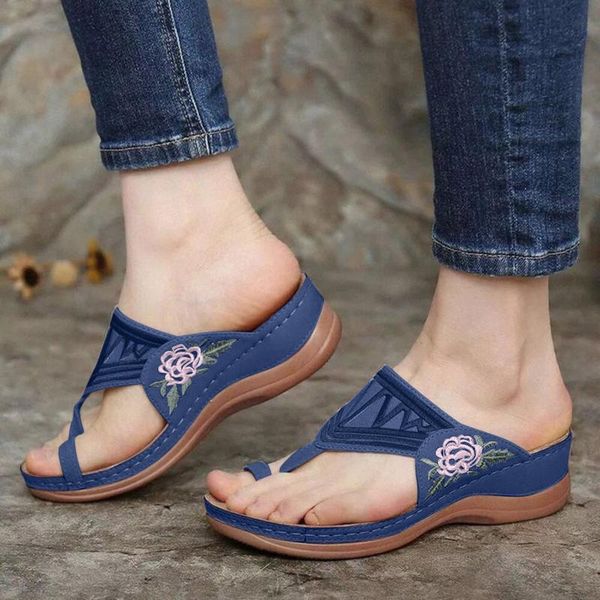 

sandals summer women large size embroidered buckle clip finger comfortable wedge heel casual female retro shoes, Black
