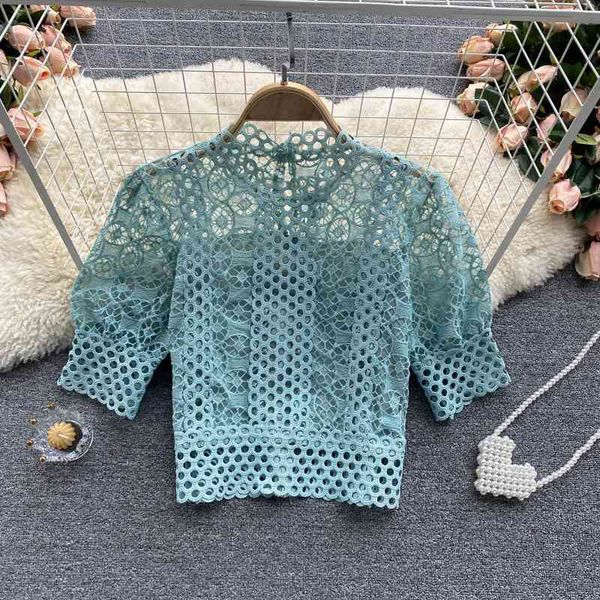 

women's summer design sense pierced air quality small stand-up collar slim short lace shirt 210709, White