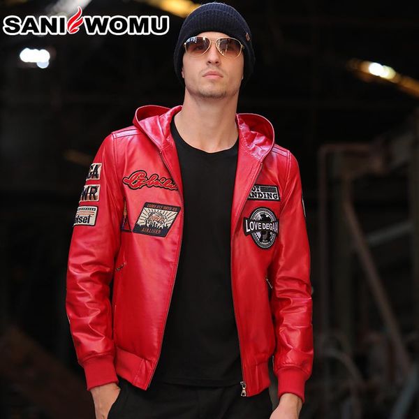 

men's leather & faux original ecological genuine jacket men hooded sheepskin coat man loose casual short real clothing, Black