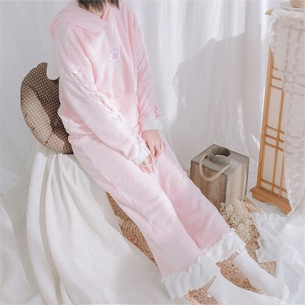 

pink bunny girl cute plush homewear comfoetable rabbit ear and tail furry sweater pants suit pajamas autumn and winter, Black;white