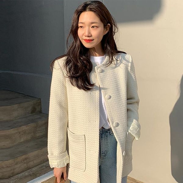 

women's jackets [ewq] korean chic french temperament round neck bonded single breasted large pocket loose long sleeve tweed coat women, Black;brown