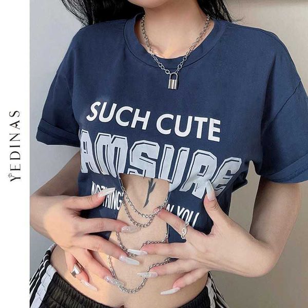 Yedinas Europäischer Stil sexy Buchstaben Print Crop Top Frauen hohl aus Ketten Design T -Shirt Punk Hip Hop Streetwear Übergroße 210527