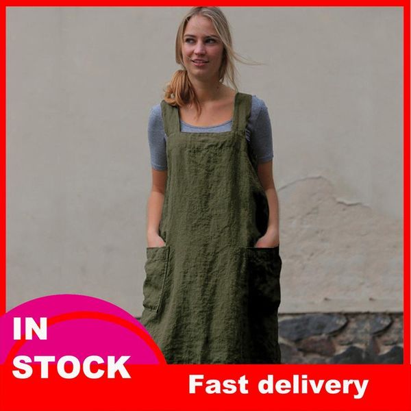 

40 cotton linen pinafore square women dresses cross apron garden work solid pocket sleeveless knee length, Black;gray