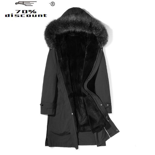 

men's leather & faux winter jacket real fur parka liner long coat male raccoon collar parkas hombre invierno mg-2826002 kj2325, Black
