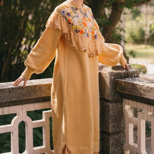 

casual dresses vintage women ankle length knitwear long crochet trimmed flowers embroidery loose puff sleeve knitted dress, Black;gray