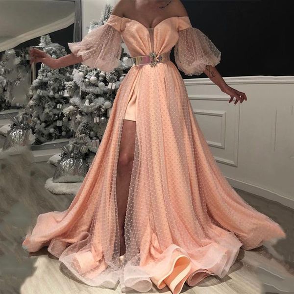 

party dresses 2021 off shoulder half sleeves evening pleats split side long prom gowns tulle plus size customize abendkleider, White;black
