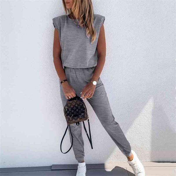 

women workout black 2 piece sport set sweatpants shoulder pad sleeveless and long pants two piece set suits streetwear 210709, White