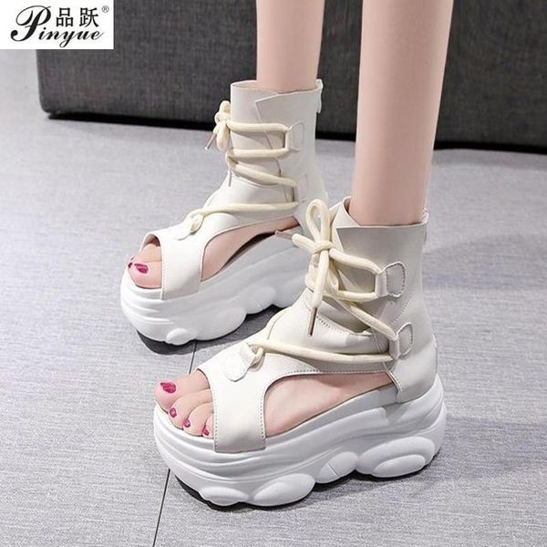 

women summer sandals mid heels wedges shoes ladies vintage pu leather boots with platform sandals and high, Black