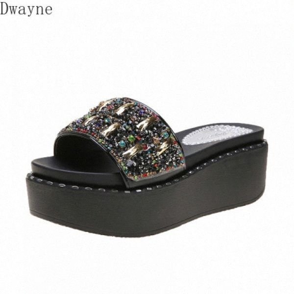 

womens slippers wear 2020 spring new korean wild rhinestone thick bottom beach sandals and slippers j1li#, Black