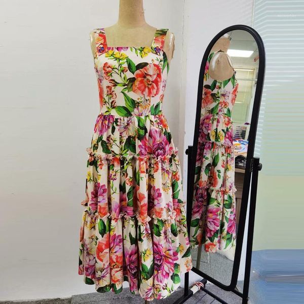 

casual dresses quality est hhigh fashion 2021 designer runway women's spaghetti strap sleeveless floral print dress, Black;gray