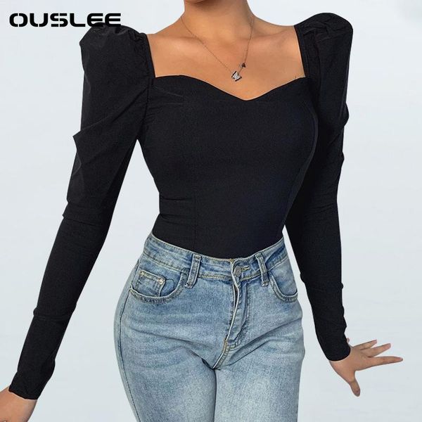 

women's t-shirt ouslee 2021 summer t shirt women white square neck puff sleeve bodycon female black slim tee femme streetwear