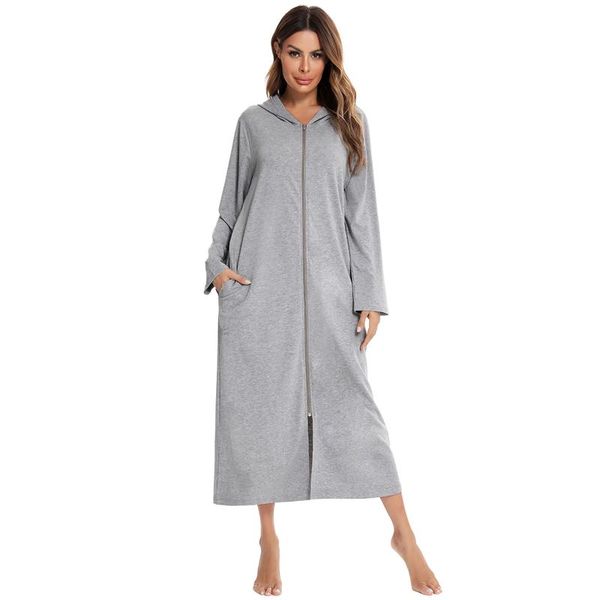 

casual dresses women winter nightgown dress hooded pocket zip up long sleeve loungewear housecoat loose sleepwear, Black;gray