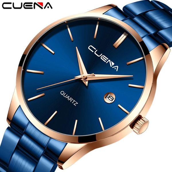 

wristwatches cuena 2021 fashion men business watch stainless steel strap three eyes calendar quartz sports waterproof clock, Slivery;brown