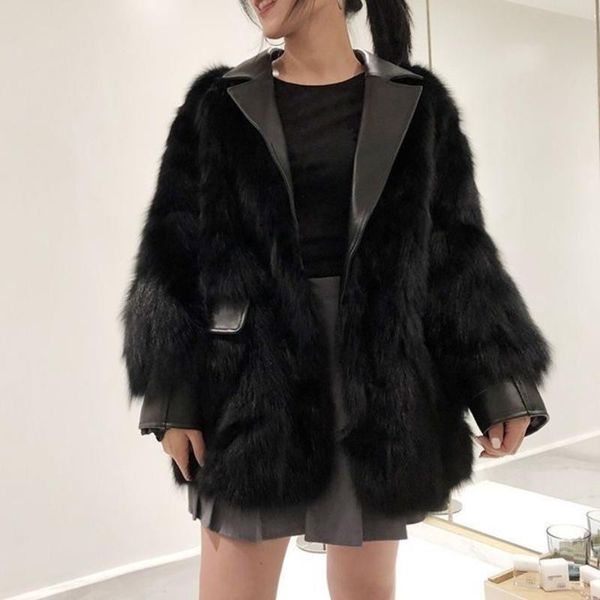 

women's fur & faux jmprs women coat winter warm furry fashion turn down collar jacket 2021 solid black casual slim female clothes