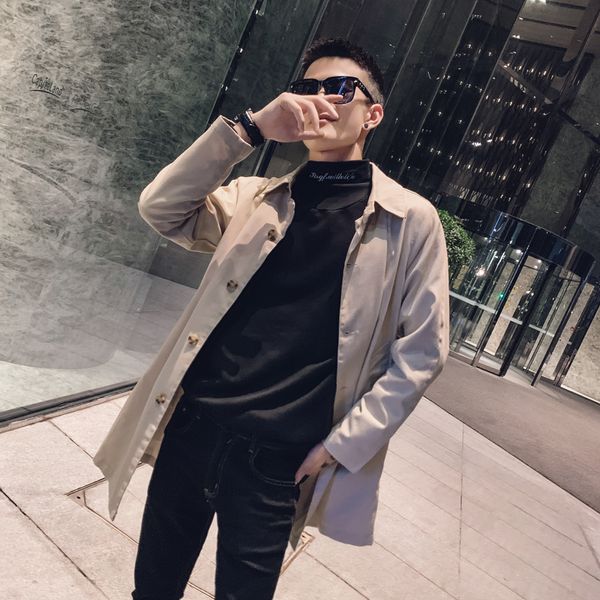 

2021 new men's autumn long cotton trench coat male turn-down collar solid overcoat casual slim coats streetwear opqp, Tan;black