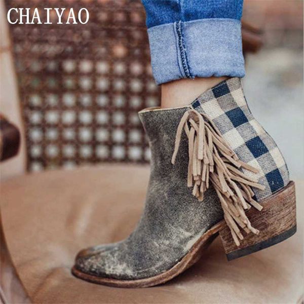 

boots vintage women's short 2021 ladies pu leather fringe large size shoes fashion zipper ankle thick heel, Black