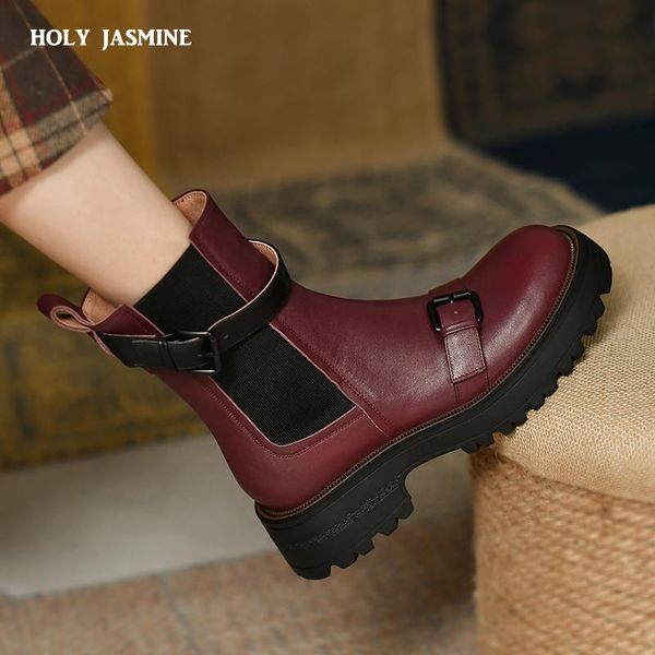

boots 2022 genuine leather winter round toe fashion ankle cow women shoes square heel size 34-40 platform, Black