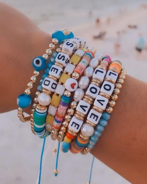 

charm bracelets bbrichy letter for women fashion evil eye jewelry bohemian polymer clay jewellery pearl pulsera tila beaded bracelet, Golden;silver