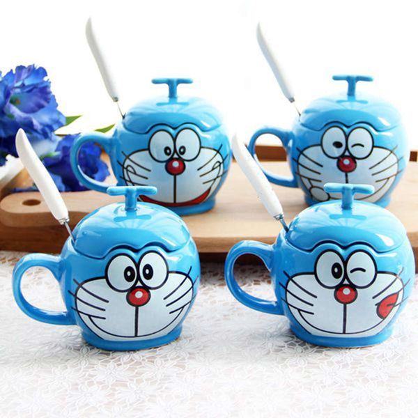 

350ml couple ceramic mug with lid and spoon simple cartoon doraemon mug coffee cup breakfast children birthday gift cup