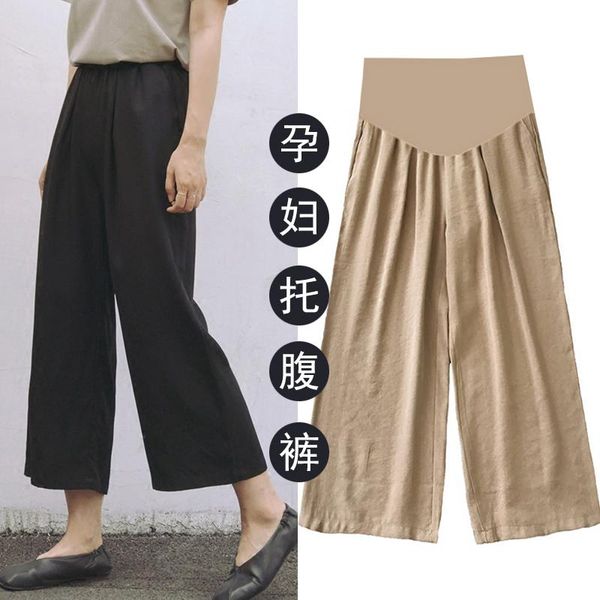

wide leg large size loose cotton linen maternity pants 9/10 summer thin belly for pregnant women pregnancy casual bottoms, White