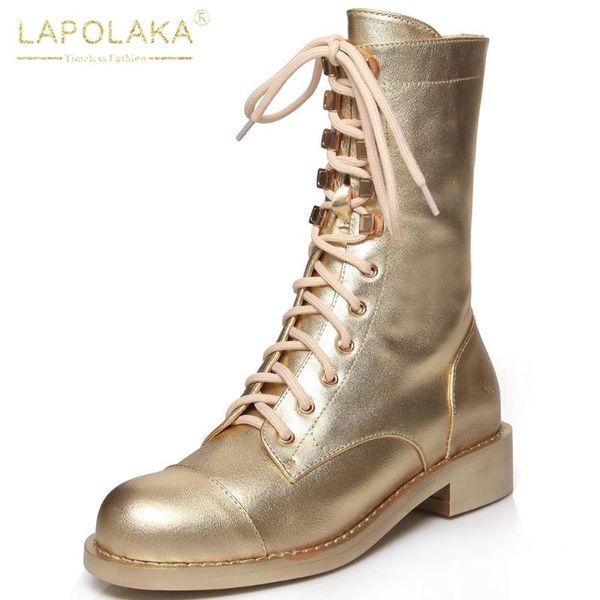 

boots lapolaka design 2021 genuine leather designer shoelace trendy ins shoes woman zipper chunky heels luxury boot ladies, Black